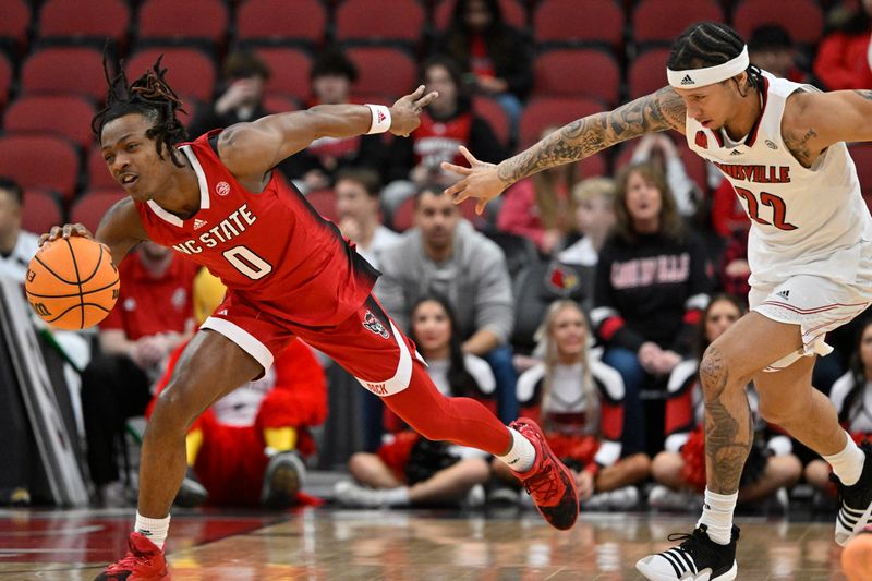 Jan 13, 2024; Louisville, Kentucky, USA;  North Carolina State Wolfpack guard DJ Horne (0) tracks down the ball from Louisville Cardinals guard Tre White (22) during the first half at KFC Yum! Center. Mandatory Credit: Jamie Rhodes-USA TODAY Sports