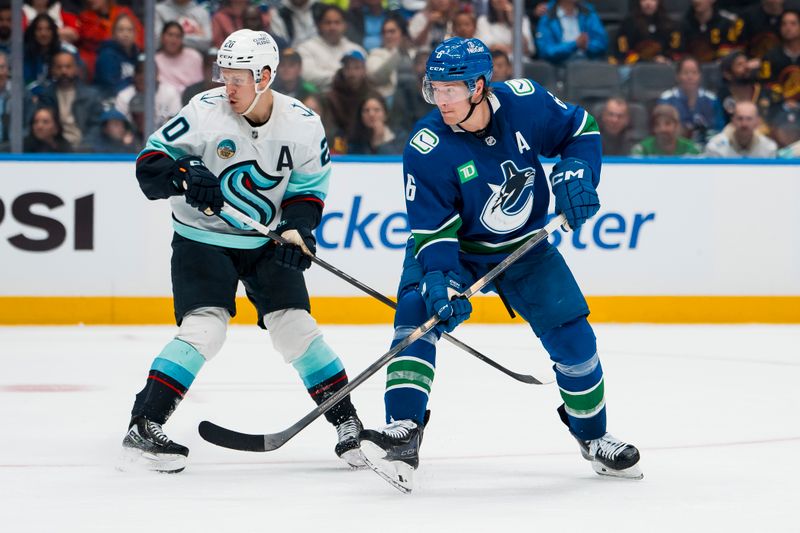 Sep 26, 2025; Vancouver, British Columbia, CAN; Vancouver Canucks forward Brock Boeser (6) shoots around Seattle Kraken forward Eeli Tolvanen (20) in the third period at Rogers Arena. Mandatory Credit: Bob Frid-Imagn Images