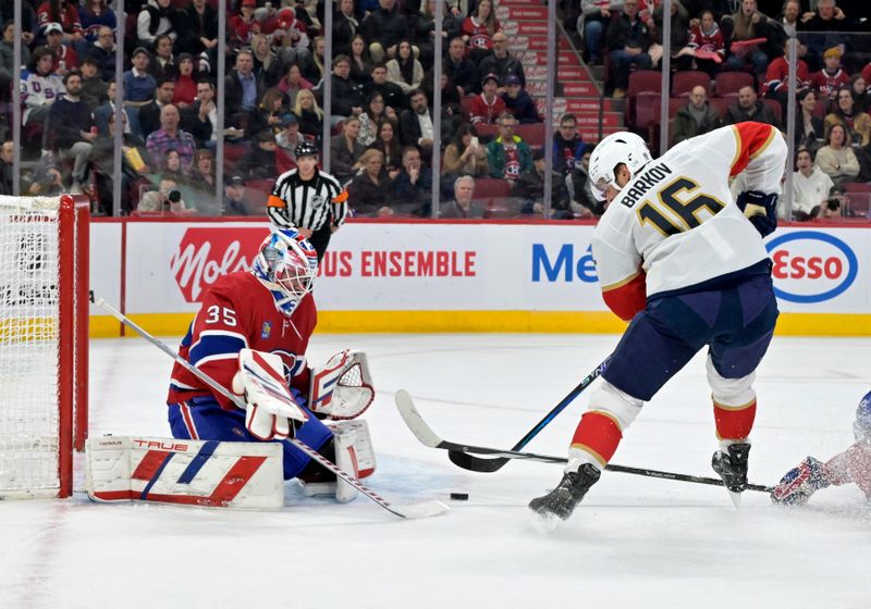 Apr 2, 2024; Montreal, Quebec, CAN; Florida Panthers forward Aleksander Barkov (16) scores a goal against Montreal Canadiens goalie Sam Montembeault (35) during the first period at the Bell Centre. Mandatory Credit: Eric Bolte-USA TODAY Sports