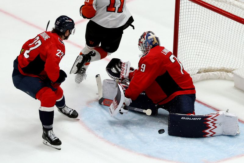 Mar 20, 2025; Washington, District of Columbia, USA; Washington Capitals goaltender Charlie Lindgren (79) makes a save during the third period against the Philadelphia Flyers at Capital One Arena. Mandatory Credit: Daniel Kucin Jr.-Imagn Images