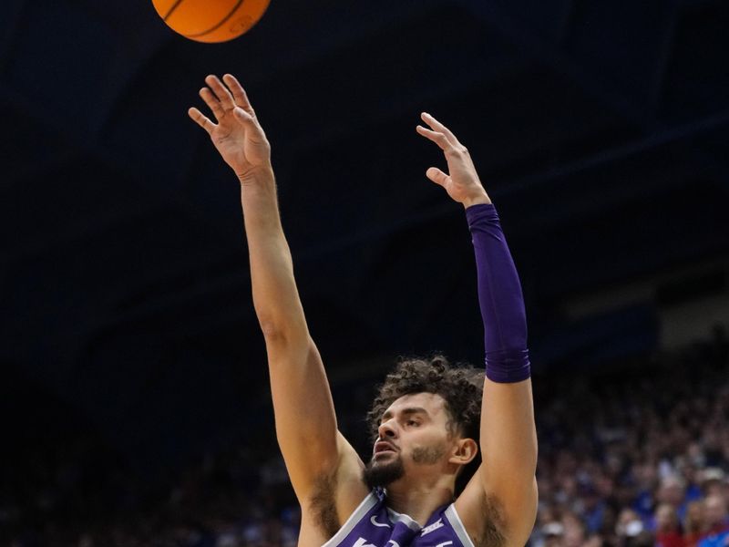 Jan 31, 2023; Lawrence, Kansas, USA; Kansas State Wildcats forward Ismael Massoud (25) shoots during the first half against the Kansas Jayhawks at Allen Fieldhouse. Mandatory Credit: Jay Biggerstaff-USA TODAY Sports