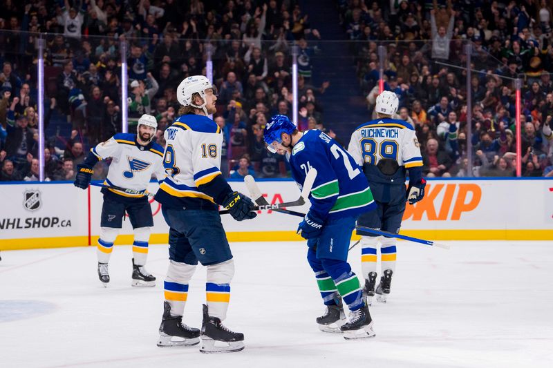 Jan 24, 2024; Vancouver, British Columbia, CAN; St. Louis Blues forward Robert Thomas (18) watches as Vancouver Canucks forward Pius Suter (24) celebrates his second goal of the game in the third period at Rogers Arena. Blues 4-3 in overtime. Mandatory Credit: Bob Frid-USA TODAY Sports