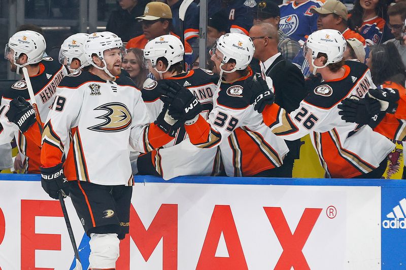 Nov 26, 2023; Edmonton, Alberta, CAN; The Anaheim Ducks celebrate a goal scored by Anaheim Ducks forward Max Jones (49) during the first period against the Edmonton Oilers at Rogers Place. Mandatory Credit: Perry Nelson-USA TODAY Sports