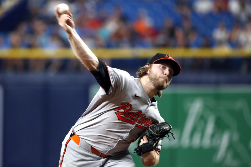 Jun 10, 2024; St. Petersburg, Florida, USA; Baltimore Orioles pitcher Corbin Burnes (39) throws a pitch against the Tampa Bay Rays during the seventh inning at Tropicana Field. Mandatory Credit: Kim Klement Neitzel-USA TODAY Sports