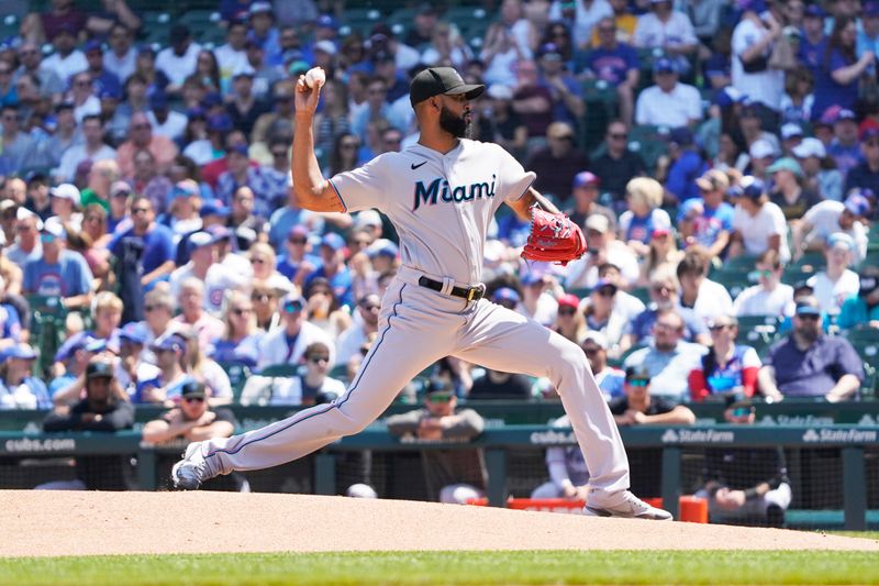 May 7, 2023; Chicago, Illinois, USA; Miami Marlins starting pitcher Sandy Alcantara (22) throws the ball against the Chicago Cubs during the first inning at Wrigley Field. Mandatory Credit: David Banks-USA TODAY Sports