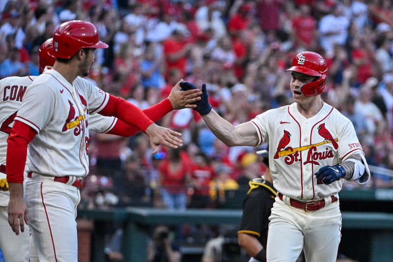 Sep 2, 2023; St. Louis, Missouri, USA;  St. Louis Cardinals left fielder Tyler O'Neill (27) is congratulated by catcher Willson Contreras (40) and designated hitter Nolan Arenado (28) after hitting a three run home run against the Pittsburgh Pirates during the second inning at Busch Stadium. Mandatory Credit: Jeff Curry-USA TODAY Sports