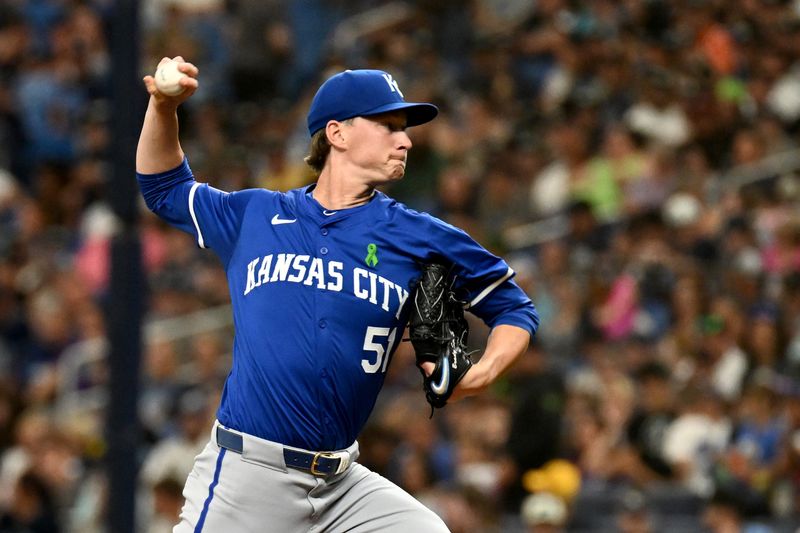 May 25, 2024; St. Petersburg, Florida, USA; Kansas City Royals starting pitcher Brady Singer (51) throws a pitch in the second inning against the Tampa Bay Rays at Tropicana Field. Mandatory Credit: Jonathan Dyer-USA TODAY Sports