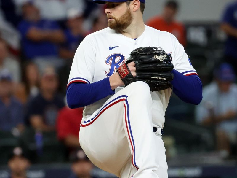 Oct 20, 2023; Arlington, Texas, USA; Texas Rangers pitcher Jordan Montgomery (52) throws during the first inning of game five in the ALCS against the Houston Astros for the 2023 MLB playoffs at Globe Life Field. Mandatory Credit: Kevin Jairaj-USA TODAY Sports