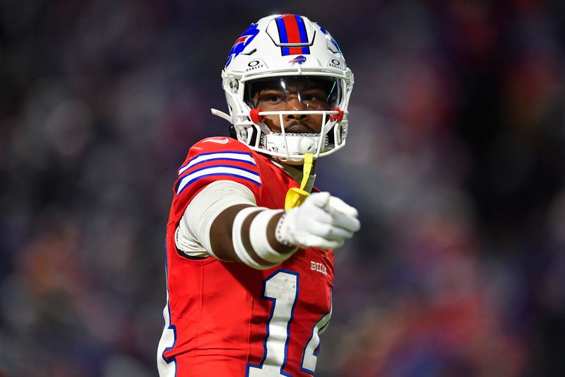 Buffalo Bills wide receiver Stefon Diggs (14) gestures during the second half of an NFL football game against the New York Giants in Orchard Park, N.Y., Sunday, Oct. 15, 2023. (AP Photo/Adrian Kraus)