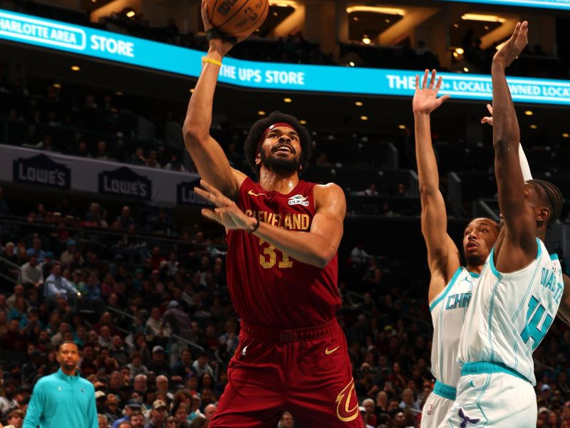 CHARLOTTE, NC - MARCH 7: Jarrett Allen #31 of the Cleveland Cavaliers shoots the ball during the game against the Charlotte Hornets on March 7, 2025 at Spectrum Center in Charlotte, North Carolina. NOTE TO USER: User expressly acknowledges and agrees that, by downloading and or using this photograph, User is consenting to the terms and conditions of the Getty Images License Agreement. Mandatory Copyright Notice: Copyright 2025 NBAE(Photo by Kent Smith/NBAE via Getty Images)