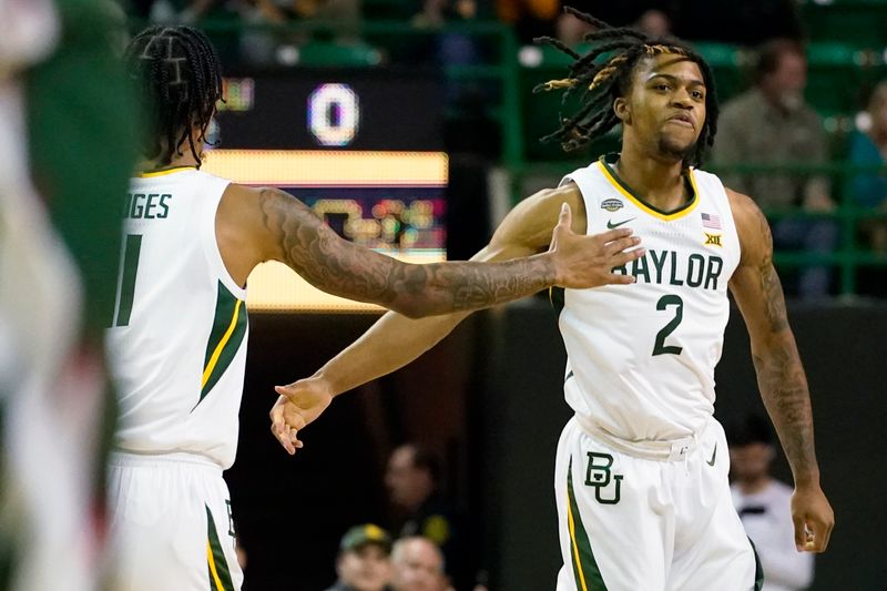 Dec 22, 2023; Waco, Texas, USA; Baylor Bears guard Jayden Nunn (2) reacts after a made basket against the Mississippi Valley State Delta Devils during the first half at Ferrell Center. Mandatory Credit: Raymond Carlin III-USA TODAY Sports