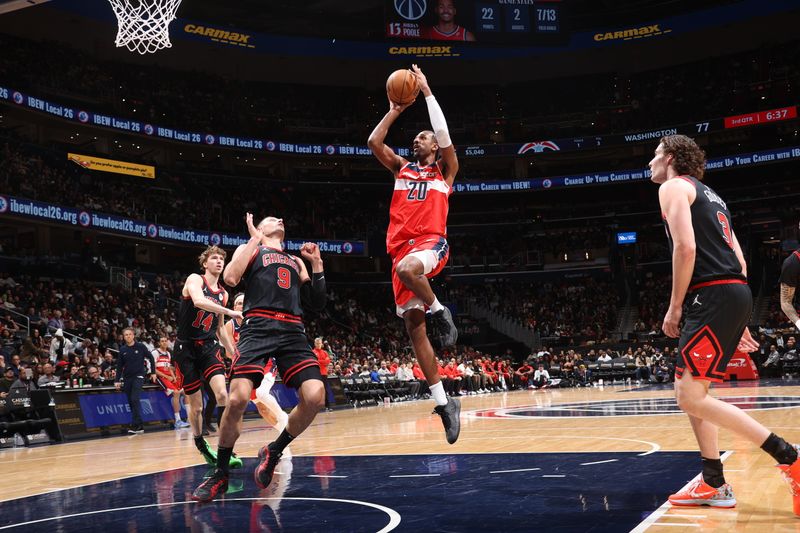 WASHINGTON, DC -? JANUARY 1: Alexandre Sarr #20 of the Washington Wizards shoots the ball during the game against the Chicago Bulls on January 1, 2025 at Capital One Arena in Washington, DC. NOTE TO USER: User expressly acknowledges and agrees that, by downloading and or using this Photograph, user is consenting to the terms and conditions of the Getty Images License Agreement. Mandatory Copyright Notice: Copyright 2025 NBAE (Photo by Kenny Giarla/NBAE via Getty Images)
