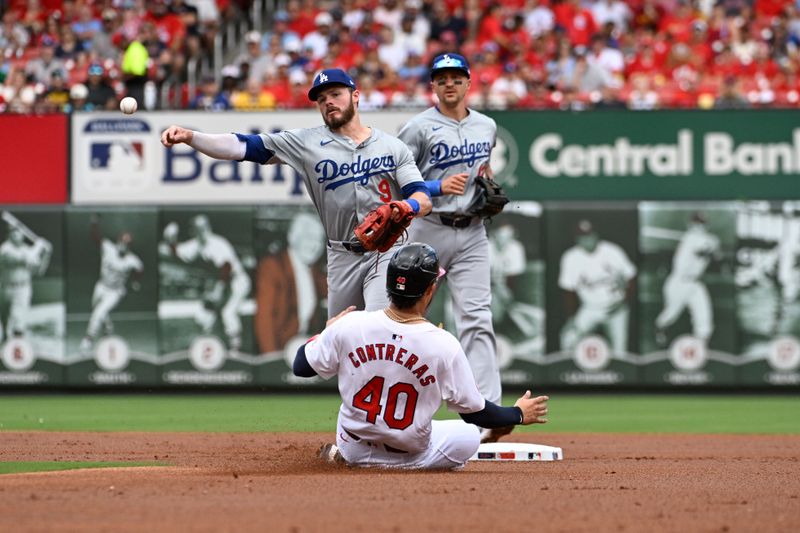 Aug 18, 2024; St. Louis, Missouri, USA; St. Louis Cardinals designated hitter Willson Contreras (40) is out at second base as Los Angeles Dodgers second baseman Gavin Lux (9) turns a double play in the first inning at Busch Stadium. Mandatory Credit: Joe Puetz-USA TODAY Sports