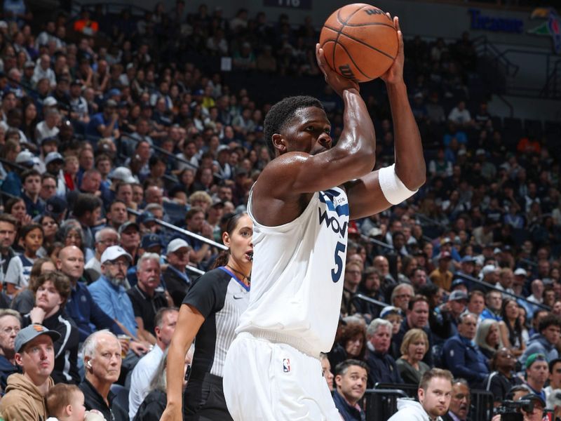 MINNEAPOLIS, MN -  OCTOBER 29: Anthony Edwards #5 of the Minnesota Timberwolves shoots the ball during the game against the Dallas Mavericks on October 29, 2024 at Target Center in Minneapolis, Minnesota. NOTE TO USER: User expressly acknowledges and agrees that, by downloading and or using this Photograph, user is consenting to the terms and conditions of the Getty Images License Agreement. Mandatory Copyright Notice: Copyright 2024 NBAE (Photo by David Sherman/NBAE via Getty Images)