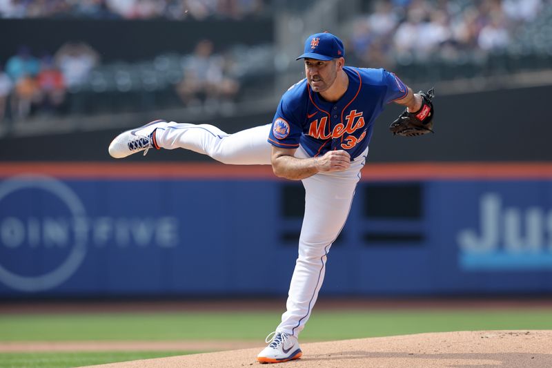 Jul 1, 2023; New York City, New York, USA; New York Mets starting pitcher Justin Verlander (35) follows through on a pitch against the San Francisco Giants during the first inning at Citi Field. Mandatory Credit: Brad Penner-USA TODAY Sports