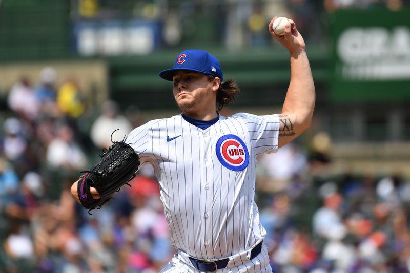 Aug 22, 2024; Chicago, Illinois, USA; Chicago Cubs starting pitcher Justin Steele (35) pitches during the first inning against the Detroit Tigers at Wrigley Field. Mandatory Credit: Patrick Gorski-USA TODAY Sports