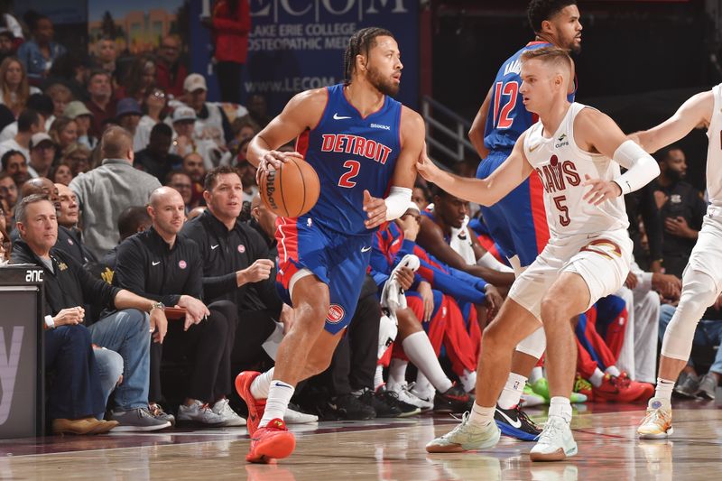 CLEVELAND, OH - OCTOBER 25: Cade Cunningham #2 of the Detroit Pistons dribbles the ball during the game against the Cleveland Cavaliers on October 25, 2024 at Rocket Mortgage FieldHouse in Cleveland, Ohio. NOTE TO USER: User expressly acknowledges and agrees that, by downloading and/or using this Photograph, user is consenting to the terms and conditions of the Getty Images License Agreement. Mandatory Copyright Notice: Copyright 2024 NBAE (Photo by David Liam Kyle/NBAE via Getty Images)