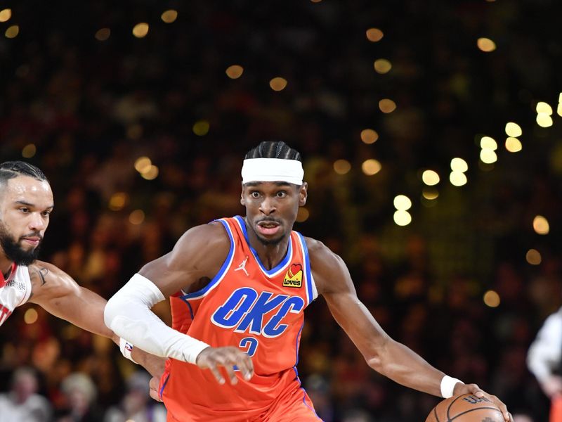 LAS VEGAS, NV - DECEMBER 14: Shai Gilgeous-Alexander #2 of the Oklahoma City Thunder dribbles the ball during the game against the Houston Rockets during the Emirates NBA Cup Semifinal game on December 14, 2024 at T-Mobile Arena in Las Vegas, Nevada. NOTE TO USER: User expressly acknowledges and agrees that, by downloading and/or using this Photograph, user is consenting to the terms and conditions of the Getty Images License Agreement. Mandatory Copyright Notice: Copyright 2024 NBAE (Photo by Logan Riely/NBAE via Getty Images)