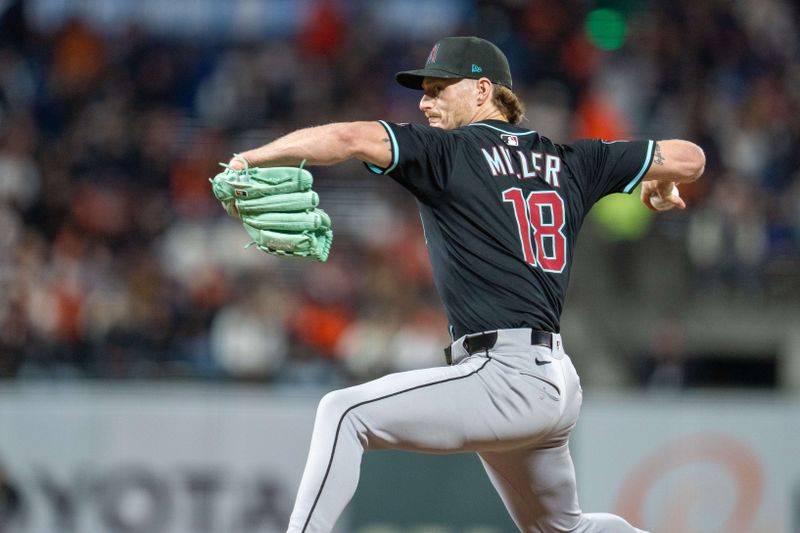 May 12, 2025; San Francisco, California, USA; Arizona Diamondbacks relief pitcher Shelby Miller (18) delivers a pitch against the San Francisco Giants during the ninth inning at Oracle Park. Mandatory Credit: Neville E. Guard-Imagn Images