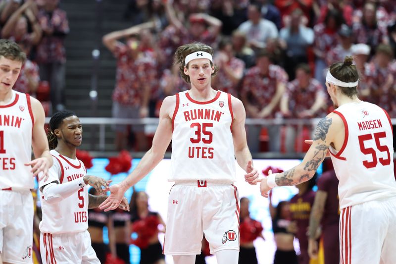 Feb 10, 2024; Salt Lake City, Utah, USA; Utah Utes center Branden Carlson (35) reacts to a play against the Arizona State Sun Devils during the first half at Jon M. Huntsman Center. Mandatory Credit: Rob Gray-USA TODAY Sports