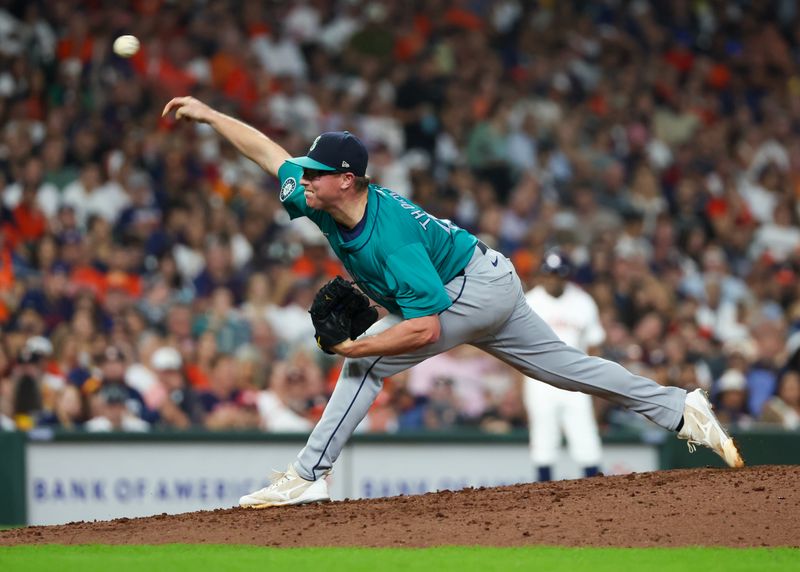 Sep 24, 2024; Houston, Texas, USA; Seattle Mariners relief pitcher Trent Thornton (46) pitches against the Houston Astros in the seventh inning at Minute Maid Park. Mandatory Credit: Thomas Shea-Imagn Images