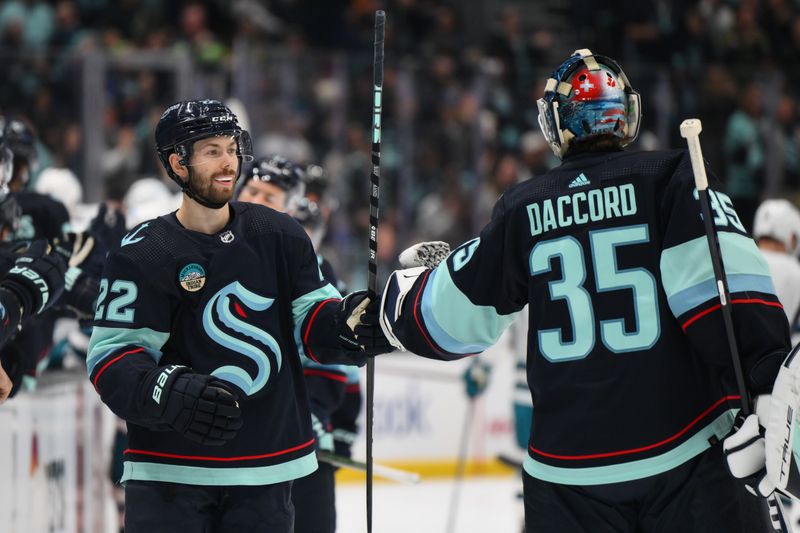 Nov 22, 2023; Seattle, Washington, USA; Seattle Kraken right wing Oliver Bjorkstrand (22) and goaltender Joey Daccord (35) celebrate after Bjorkstrand scored a goal against the San Jose Sharks during the first period at Climate Pledge Arena. Mandatory Credit: Steven Bisig-USA TODAY Sports