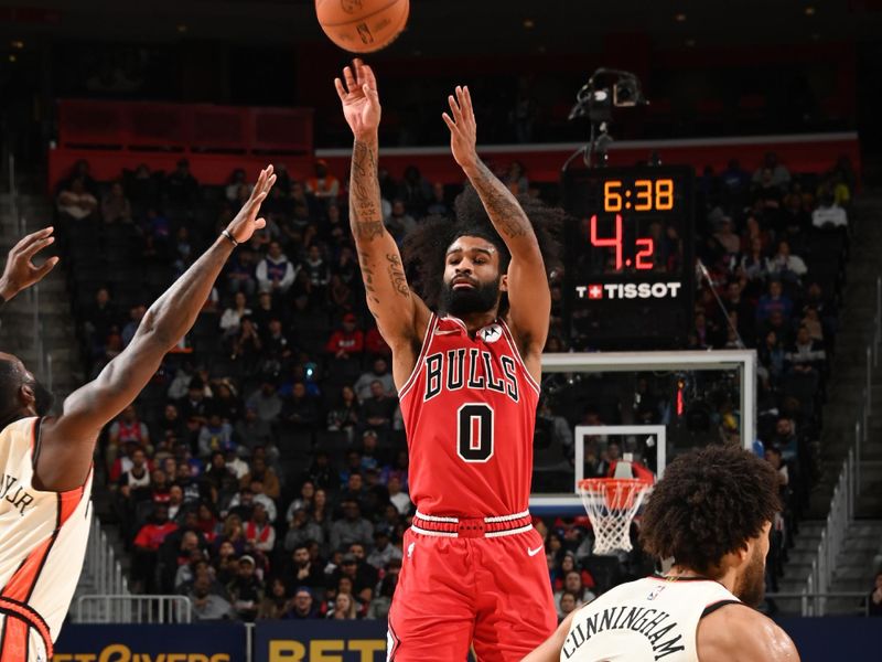 DETROIT, MI - NOVEMBER 18: Coby White #0 of the Chicago Bulls shoots the ball during the game against the Detroit Pistons on November 18, 2024 at Little Caesars Arena in Detroit, Michigan. NOTE TO USER: User expressly acknowledges and agrees that, by downloading and/or using this photograph, User is consenting to the terms and conditions of the Getty Images License Agreement. Mandatory Copyright Notice: Copyright 2024 NBAE (Photo by Chris Schwegler/NBAE via Getty Images)