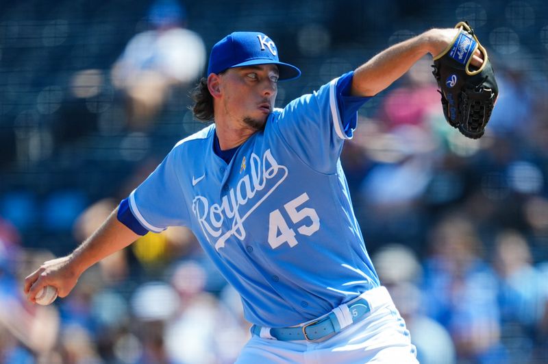 Sep 3, 2023; Kansas City, Missouri, USA; Kansas City Royals starting pitcher Taylor Clarke (45) pitches during the first inning against the Boston Red Sox at Kauffman Stadium. Mandatory Credit: Jay Biggerstaff-USA TODAY Sports