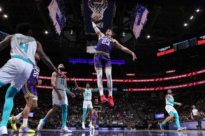 SALT LAKE CITY, UT - FEBRUARY 22: Lauri Markkanen #23 of the Utah Jazz drives to the basket during the game against the Charlotte Hornets on February 22, 2024 at Delta Center in Salt Lake City, Utah. NOTE TO USER: User expressly acknowledges and agrees that, by downloading and or using this Photograph, User is consenting to the terms and conditions of the Getty Images License Agreement. Mandatory Copyright Notice: Copyright 2024 NBAE (Photo by Melissa Majchrzak/NBAE via Getty Images)