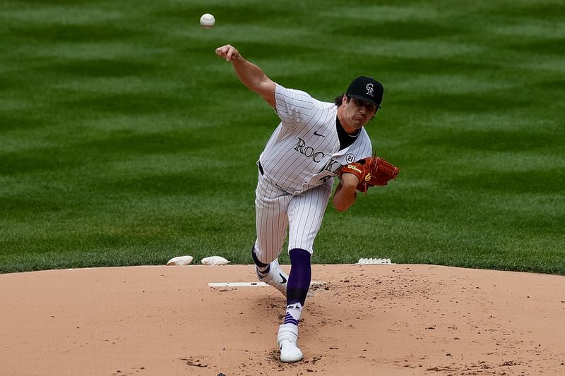 Sep 15, 2024; Denver, Colorado, USA; Colorado Rockies starting pitcher Cal Quantrill (47) pitches in the first inning against the Chicago Cubs at Coors Field. Mandatory Credit: Isaiah J. Downing-Imagn Images