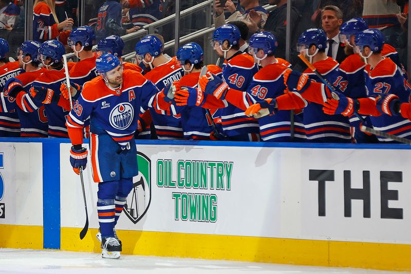 Nov 1, 2025; Edmonton, Alberta, CAN; The Edmonton Oilers celebrate a goal scored by forward Leon Draisaitl (29) during the second period against the Chicago Blackhawks at Rogers Place. Mandatory Credit: Perry Nelson-Imagn Images