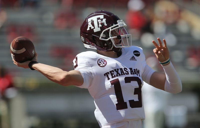 Oct 3, 2020; Tuscaloosa, Alabama, USA; Texas A&M quarterback Haynes King (13) warms up before the game with Alabama at Bryant-Denny Stadium. Mandatory Credit: Gary Cosby Jr/The Tuscaloosa News via USA TODAY Sports