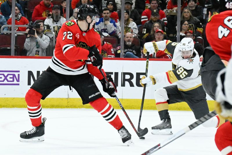 Jan 18, 2025; Chicago, Illinois, USA;  Vegas Golden Knights right wing Victor Olofsson (95) scores a goal past Chicago Blackhawks defenseman Alex Vlasic (72) during the first period at United Center. Mandatory Credit: Matt Marton-Imagn Images