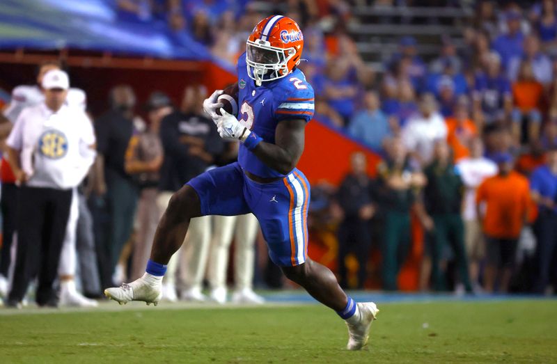 Nov 12, 2022; Gainesville, Florida, USA; Florida Gators running back Montrell Johnson Jr. (2) runs with the ball against the South Carolina Gamecocks during the second half at Ben Hill Griffin Stadium. Mandatory Credit: Kim Klement-USA TODAY Sports