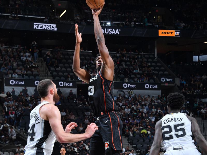 SAN ANTONIO, TX - APRIL 14: James Wiseman #13 of the Detroit Pistons shoots the ball during the game  against the San Antonio Spurs on April 14, 2024 at the Frost Bank Center in San Antonio, Texas. NOTE TO USER: User expressly acknowledges and agrees that, by downloading and or using this photograph, user is consenting to the terms and conditions of the Getty Images License Agreement. Mandatory Copyright Notice: Copyright 2024 NBAE (Photos by Michael Gonzales/NBAE via Getty Images)