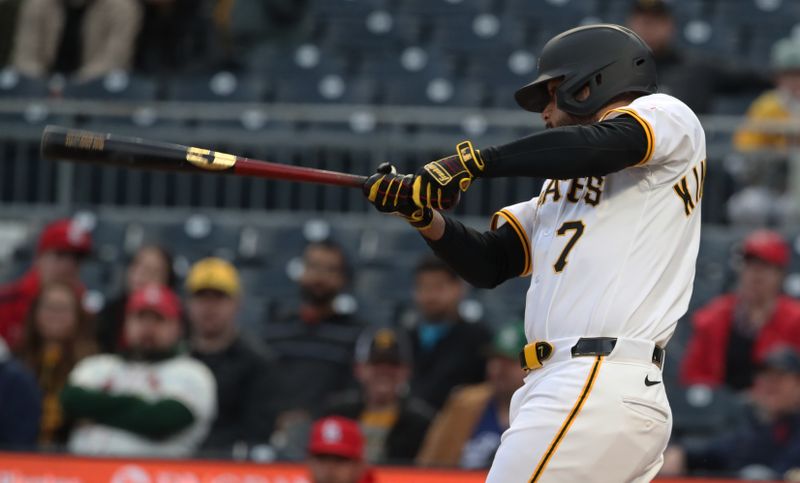 Apr 7, 2025; Pittsburgh, Pennsylvania, USA;  Pittsburgh Pirates shortstop Isiah Kiner-Falefa (7) hits a two-run single against the St. Louis Cardinals during the second inning at PNC Park. Mandatory Credit: Charles LeClaire-Imagn Images