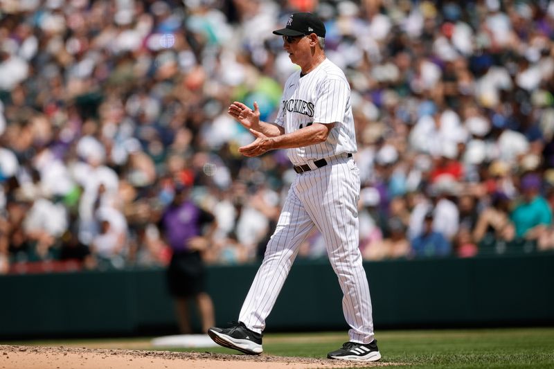 Jul 16, 2023; Denver, Colorado, USA; Colorado Rockies manager Bud Black (10) walks to the mound in the sixth inning against the New York Yankees at Coors Field. Mandatory Credit: Isaiah J. Downing-USA TODAY Sports