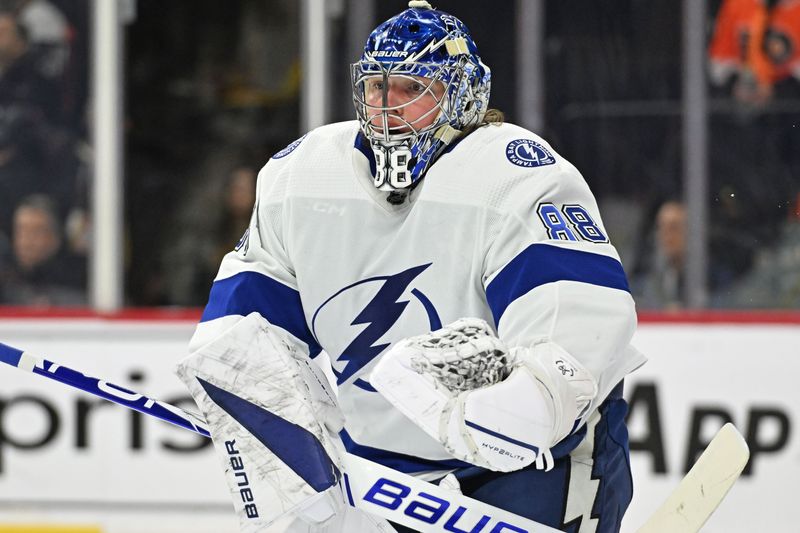 Jan 23, 2024; Philadelphia, Pennsylvania, USA; Tampa Bay Lightning goaltender Andrei Vasilevskiy (88) during the first period against the Philadelphia Flyers at Wells Fargo Center. Mandatory Credit: Eric Hartline-USA TODAY Sports