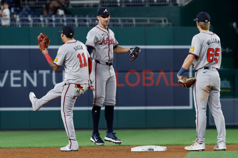 Sep 10, 2024; Washington, District of Columbia, USA; Atlanta Braves players celebrate after their game against the Washington Nationals at Nationals Park. Mandatory Credit: Geoff Burke-Imagn Images