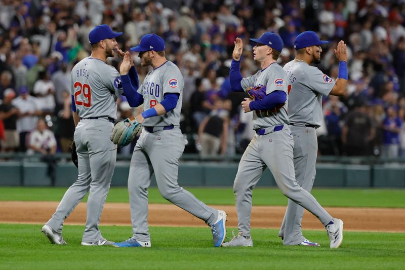 Aug 9, 2024; Chicago, Illinois, USA; Chicago Cubs players celebrate after defeating the Chicago White Sox at Guaranteed Rate Field. Mandatory Credit: Kamil Krzaczynski-USA TODAY Sports