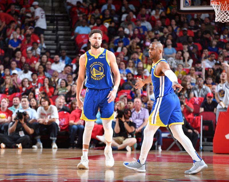 HOUSTON, TX - APRIL 4: Klay Thompson #11 of the Golden State Warriors looks on during the game against the Houston Rockets  on April 4, 2024 at the Toyota Center in Houston, Texas. NOTE TO USER: User expressly acknowledges and agrees that, by downloading and or using this photograph, User is consenting to the terms and conditions of the Getty Images License Agreement. Mandatory Copyright Notice: Copyright 2024 NBAE (Photo by Logan Riely/NBAE via Getty Images)