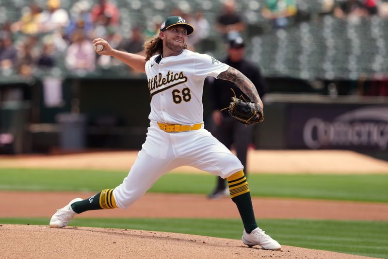 Jul 21, 2024; Oakland, California, USA; Oakland Athletics starting pitcher Joey Estes (68) throws a pitch against the Los Angeles Angels during the first inning at Oakland-Alameda County Coliseum. Mandatory Credit: Darren Yamashita-USA TODAY Sports