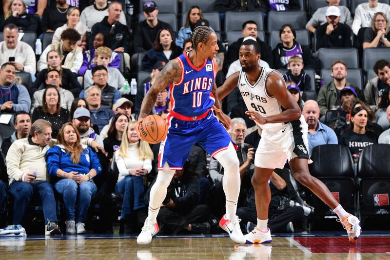 SACRAMENTO, CA - DECEMBER 1: DeMar DeRozan #10 of the Sacramento Kings handles the ball during the game against the San Antonio Spurs on December 1, 2024 at Golden 1 Center in Sacramento, California. NOTE TO USER: User expressly acknowledges and agrees that, by downloading and or using this Photograph, user is consenting to the terms and conditions of the Getty Images License Agreement. Mandatory Copyright Notice: Copyright 2024 NBAE (Photo by Adam Pantozzi/NBAE via Getty Images)