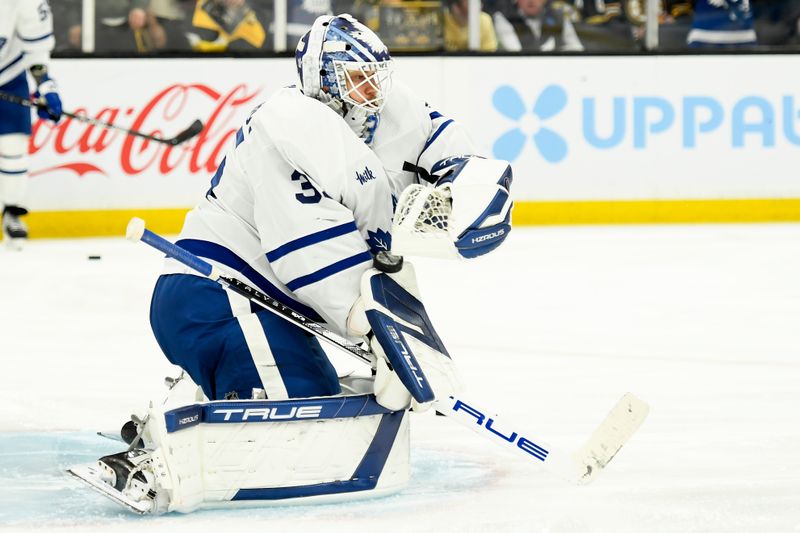 May 4, 2024; Boston, Massachusetts, USA; Toronto Maple Leafs goaltender Ilya Samsonov (35) makes a save during warmups prior to game seven of the first round of the 2024 Stanley Cup Playoffs against the Boston Bruins at TD Garden. Mandatory Credit: Bob DeChiara-USA TODAY Sports