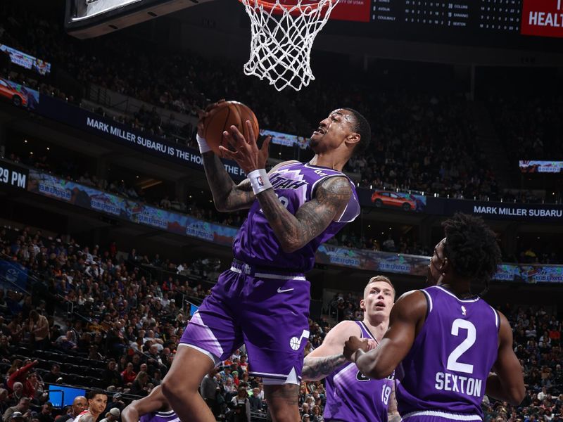 SALT LAKE CITY, UT - MARCH 4:  John Collins #20 of the Utah Jazz grabs a rebound during the game against the Washington Wizards on March 4, 2024 at vivint.SmartHome Arena in Salt Lake City, Utah. NOTE TO USER: User expressly acknowledges and agrees that, by downloading and or using this Photograph, User is consenting to the terms and conditions of the Getty Images License Agreement. Mandatory Copyright Notice: Copyright 2024 NBAE (Photo by Melissa Majchrzak/NBAE via Getty Images)