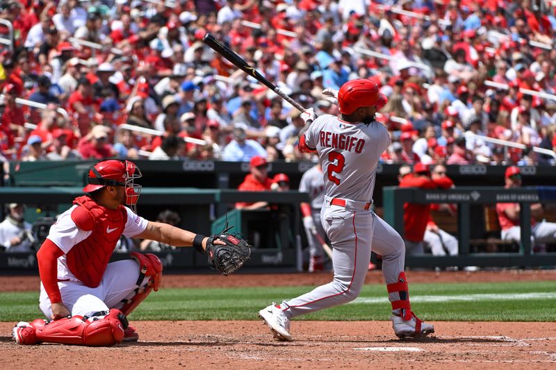 May 4, 2023; St. Louis, Missouri, USA;  Los Angeles Angels second baseman Luis Rengifo (2) hits a double against the St. Louis Cardinals during the seventh inning at Busch Stadium. Mandatory Credit: Jeff Curry-USA TODAY Sports