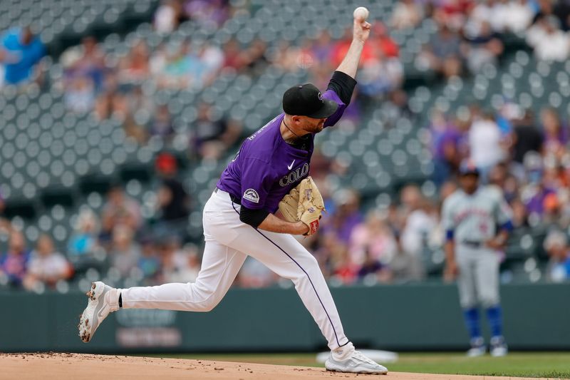 Aug 8, 2024; Denver, Colorado, USA; Colorado Rockies starting pitcher Austin Gomber (26) pitches in the first inning against the New York Mets at Coors Field. Mandatory Credit: Isaiah J. Downing-USA TODAY Sports