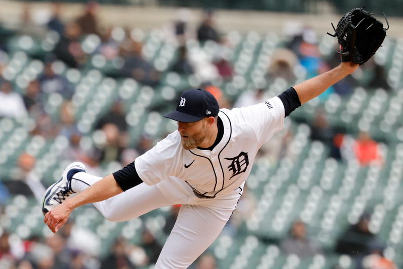 Apr 9, 2025; Detroit, Michigan, USA;  Detroit Tigers pitcher Will Vest (19) pitches in the eighth inning against the New York Yankees at Comerica Park. Mandatory Credit: Rick Osentoski-Imagn Images