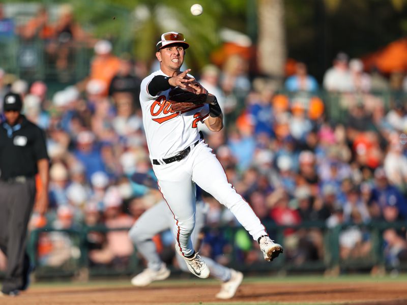 Mar 16, 2023; Sarasota, Florida, USA;  Baltimore Orioles third baseman Ramon Urias (29) throws to first fro an out against the Toronto Blue Jays in the second inning during spring training at Ed Smith Stadium. Mandatory Credit: Nathan Ray Seebeck-USA TODAY Sports