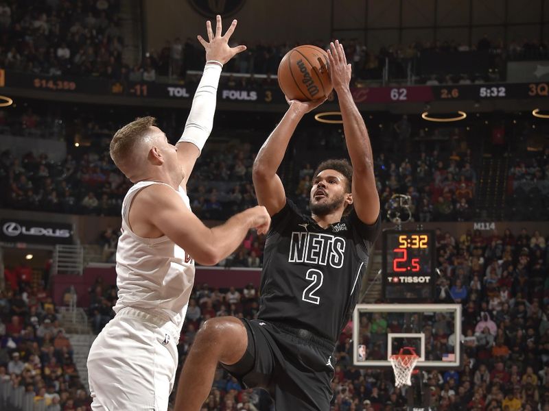 CLEVELAND, OH - NOVEMBER 9: Cameron Johnson #2 of the Brooklyn Nets shoots the ball during the game against the Cleveland Cavaliers on November 9, 2024 at Rocket Mortgage FieldHouse in Cleveland, Ohio. NOTE TO USER: User expressly acknowledges and agrees that, by downloading and/or using this Photograph, user is consenting to the terms and conditions of the Getty Images License Agreement. Mandatory Copyright Notice: Copyright 2024 NBAE (Photo by David Liam Kyle/NBAE via Getty Images)